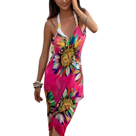 Floral Pink Beach Cover Ups-Bathing Suit Cover Wrap-Beachwear Coverups Sarong - Picture 1 of 6